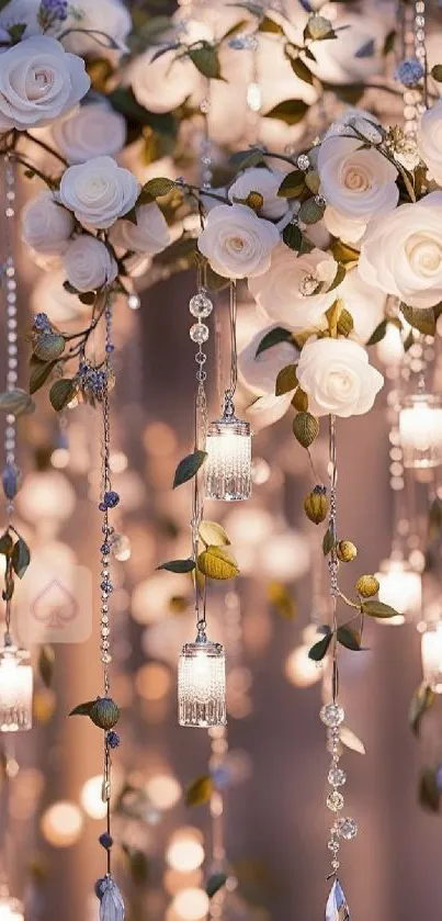 Elegant white roses with sparkling string lights on wallpaper.