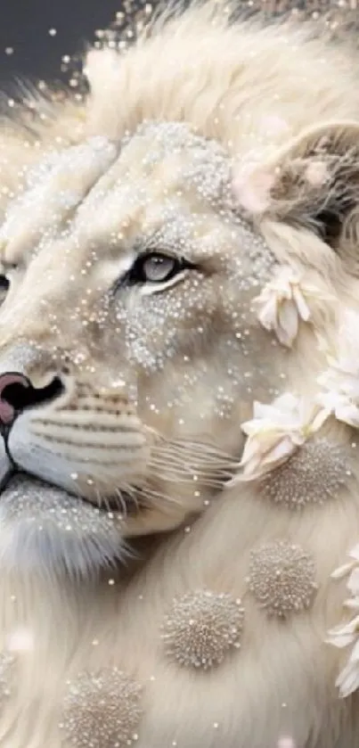 White lion with flowers and sparkles in artistic design wallpaper.