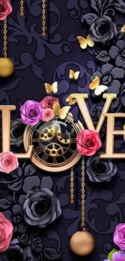 Elegant wallpaper with 'LOVE', flowers, and gold accents on a black background.