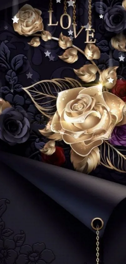 Elegant wallpaper with golden roses and 'LOVE' text.