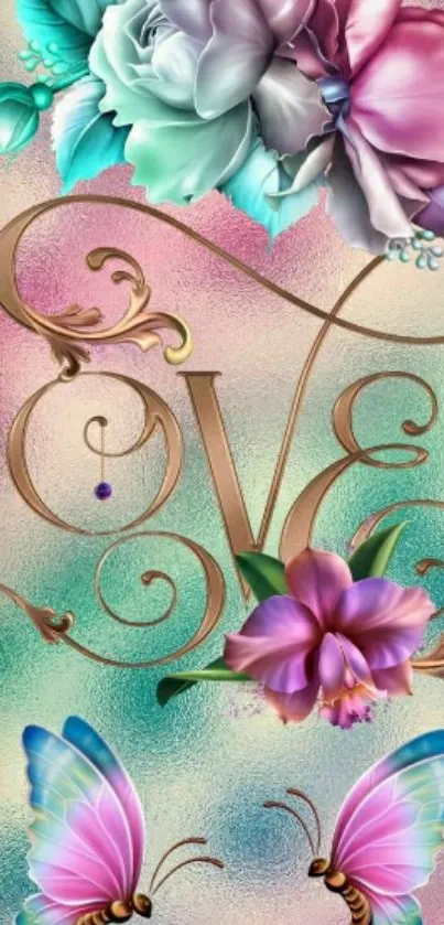 Floral wallpaper with love text and butterflies in pastel colors.