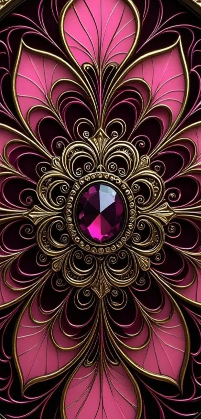 Intricate floral mandala with pink and gold hues.