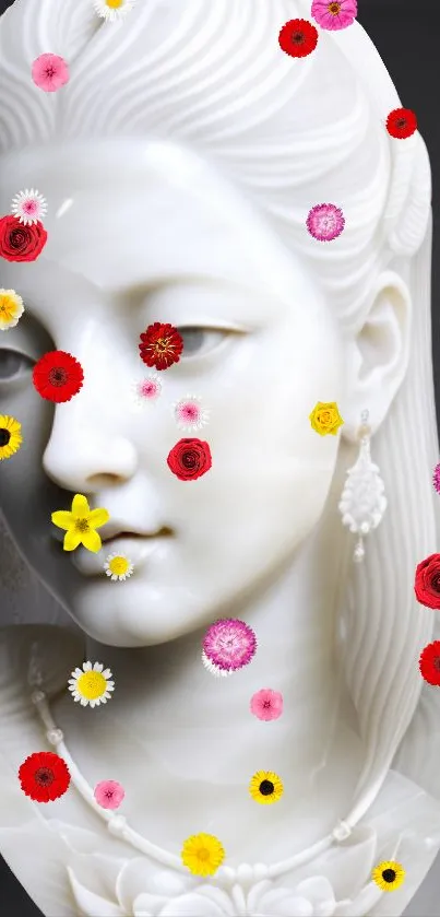 Marble bust with colorful floral accents for unique mobile wallpaper.