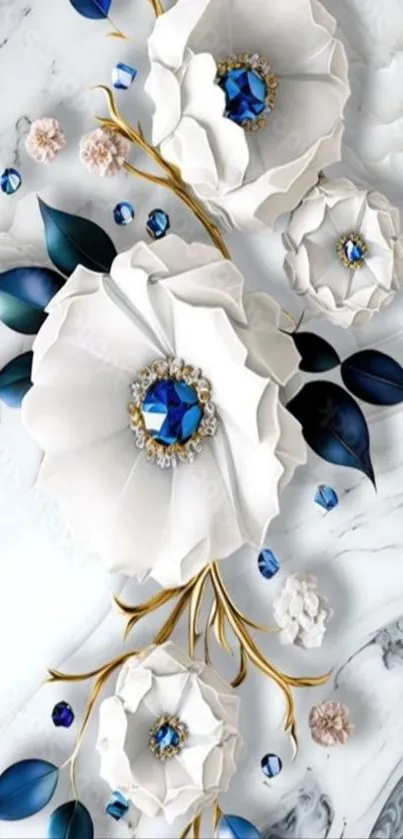 3D white flowers with blue gemstones on marble background.