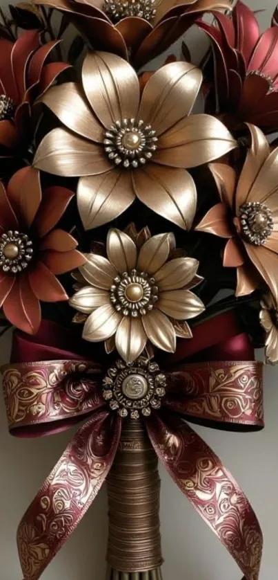Elegant metal flowers in gold and red hues form a stunning bouquet.
