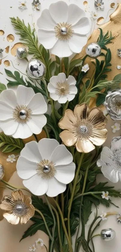 Elegant floral design with metallic accents and flowers.