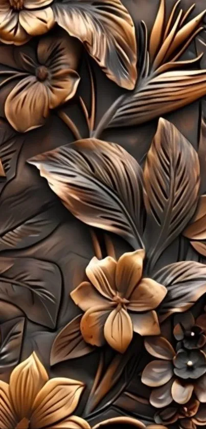 Embossed floral metallic wallpaper with bronze hues.