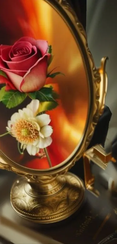 Elegant gold mirror reflecting a rose and daisy, vibrant and sophisticated design.