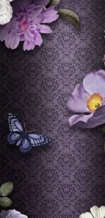 Elegant mobile wallpaper with purple flowers and butterfly.