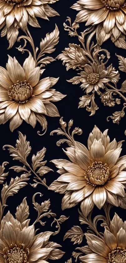 Intricate golden floral pattern on black background wallpaper.