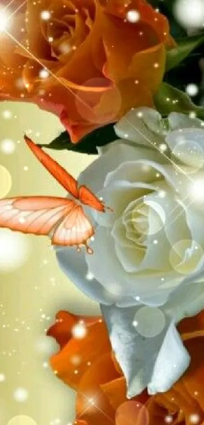 Orange and white roses with butterfly on mobile wallpaper.