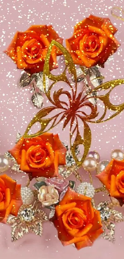 Elegant wallpaper with orange roses and pink sparkles.