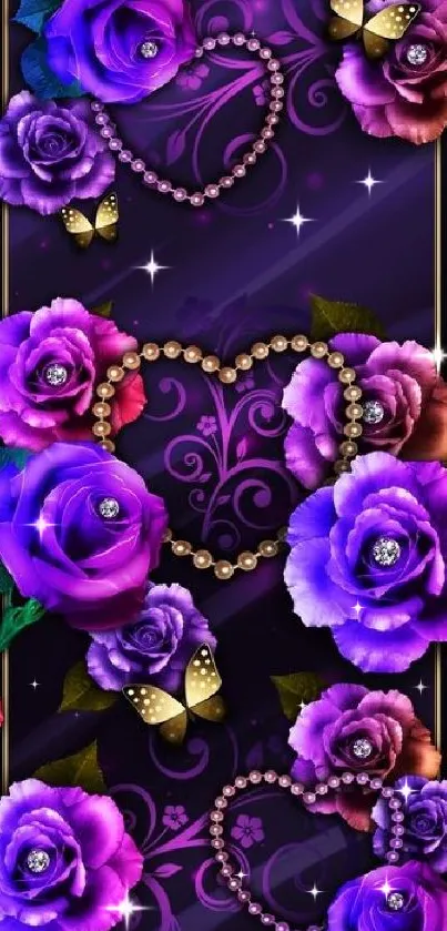 Mobile wallpaper with purple roses and gold accents.