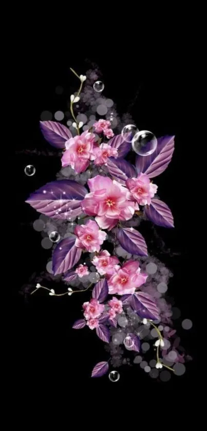 Elegant floral mobile wallpaper with pink flowers and purple leaves on black.