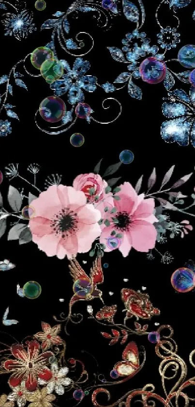 Purple lotus flower on a black background with decorative floral designs.