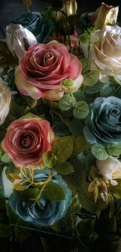 Elegant floral wallpaper with roses in pastel shades.