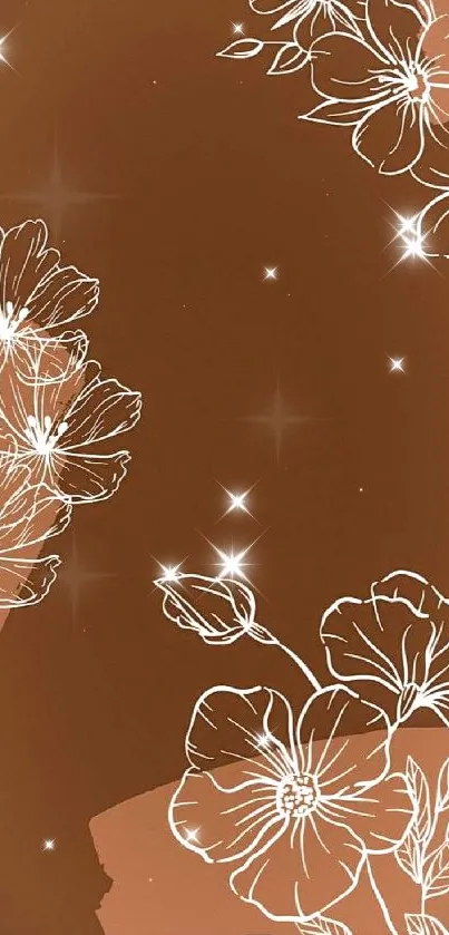 Elegant wallpaper with white floral designs on a brown background.