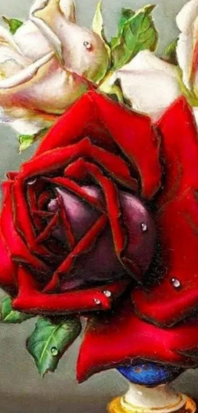 Close-up of red and white roses with dewdrops in a vase.