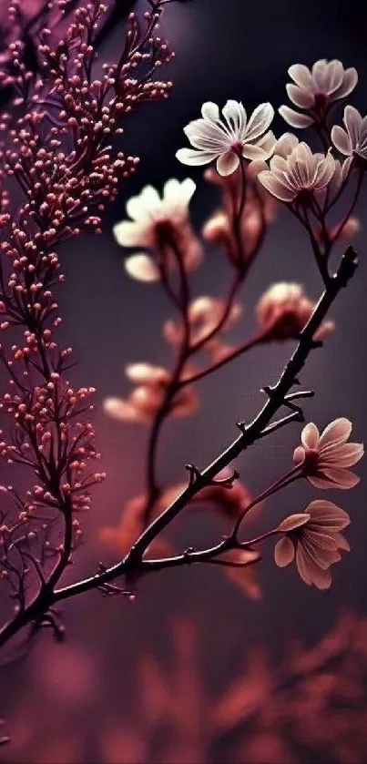 Wallpaper with delicate flowers and purple branches.