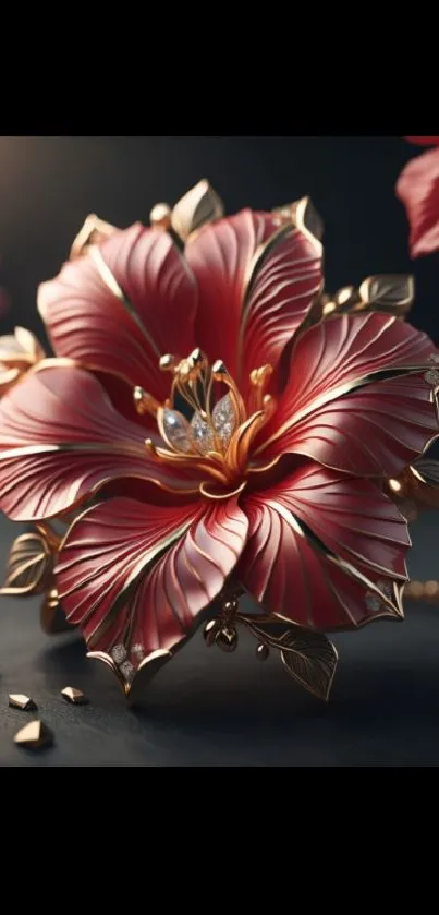 Elegant red flower with gold leaves wallpaper.