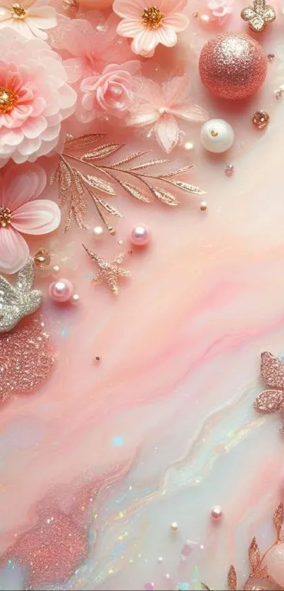 Elegant pink floral wallpaper with delicate embellishments.