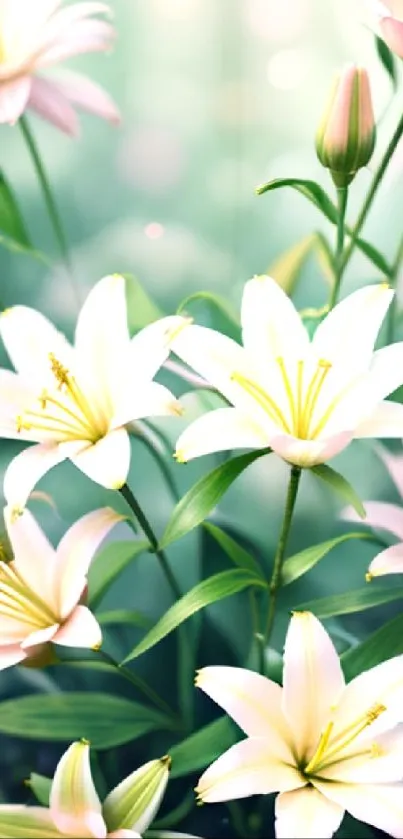White lilies with a soft green background, creating an elegant floral mobile wallpaper.