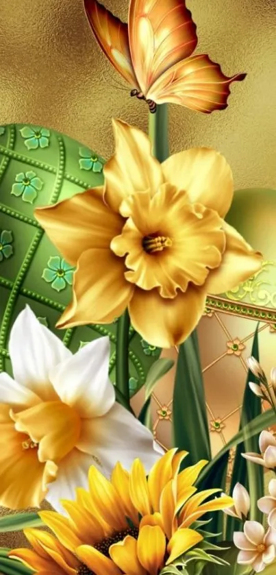 Elegant golden wallpaper with flowers and butterfly.