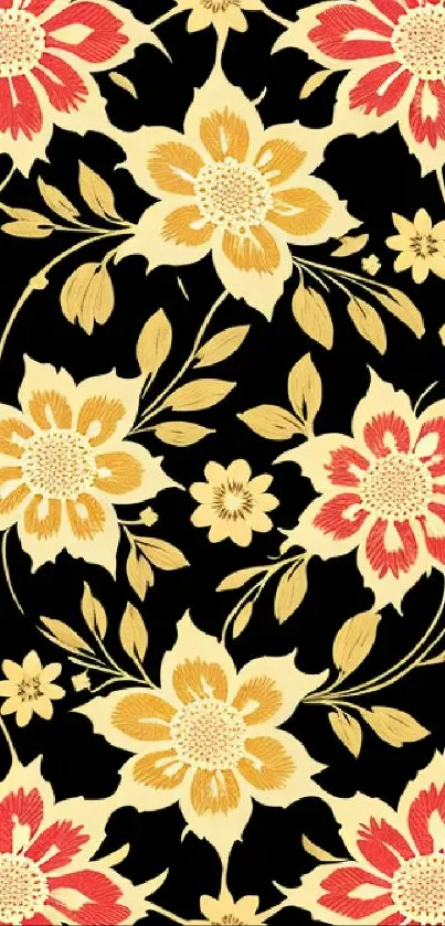 Elegant floral wallpaper with gold and red flowers on a black background.