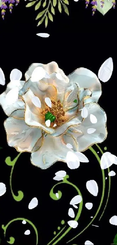 Elegant white flower on black wallpaper with green leaves and swirls.