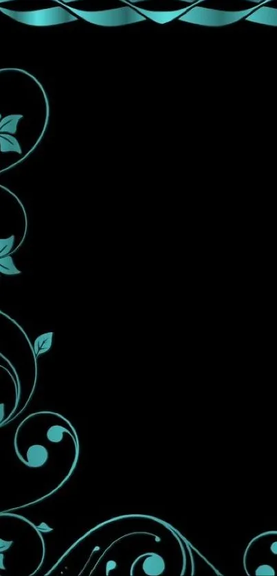 Elegant teal floral design on black background wallpaper.