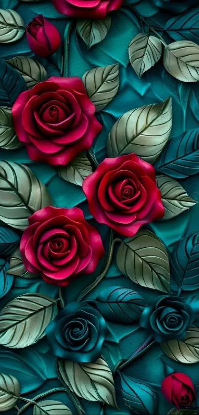 Elegant mobile wallpaper with red roses and green leaves on a teal background.