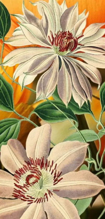 Elegant floral wallpaper with orange and white flowers and green leaves.