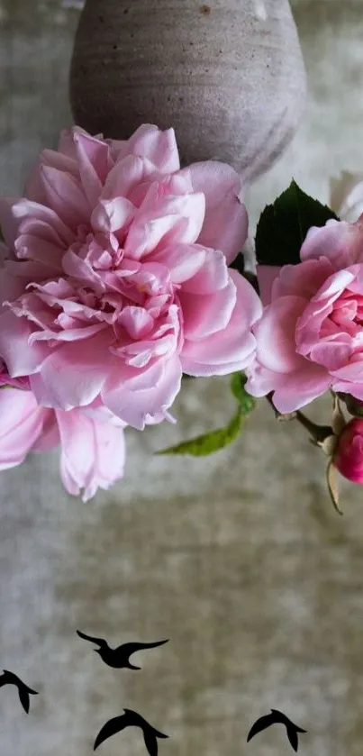 Pink peonies in vase with birds mobile wallpaper.