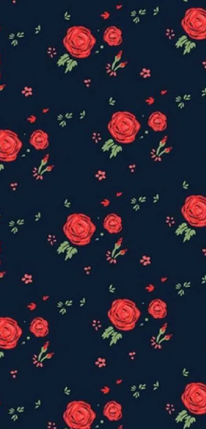 Red roses with green leaves on a dark blue background mobile wallpaper.