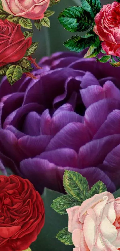 Colorful floral wallpaper with roses and a purple peony.