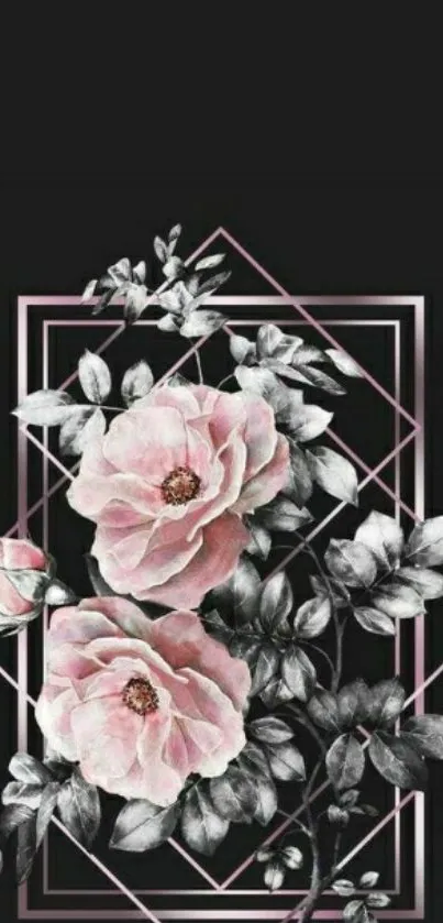 Elegant floral wallpaper with pink roses and geometric shapes on dark background.