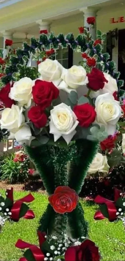 Bouquet of red and white roses in a garden setting.