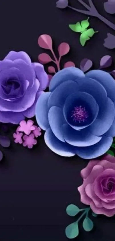 Elegant floral wallpaper with purple and blue flowers on a dark background.