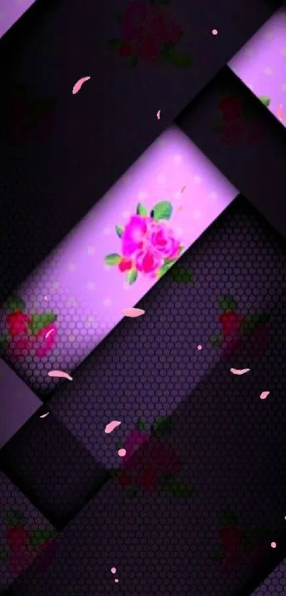 Elegant pink floral wallpaper on purple honeycomb background.