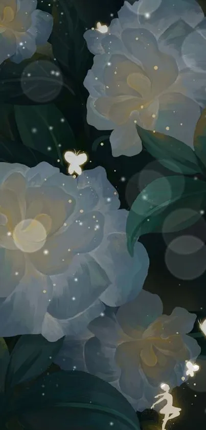 Elegant mobile wallpaper featuring white flowers and illuminated butterflies on a dark background.