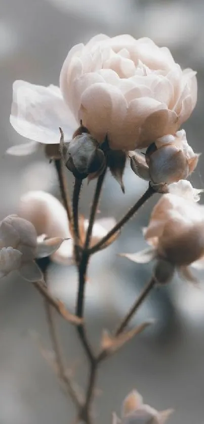 Elegant pastel floral wallpaper with soft petals and beige tones.