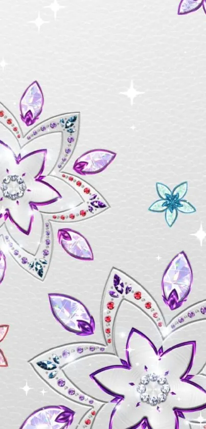 Elegant floral wallpaper with purple flowers and gem accents.