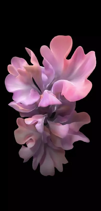 Elegant floral wallpaper with soft pink petals on a black background.