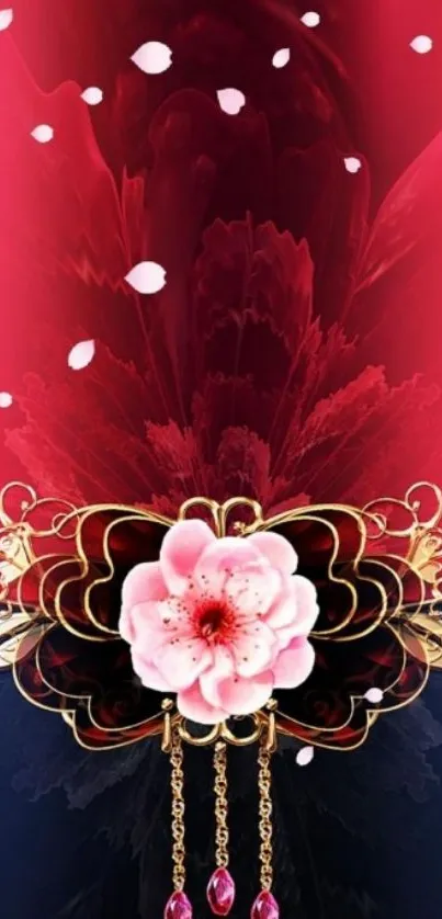 Elegant floral wallpaper with cherry and gold accents on a deep red background.