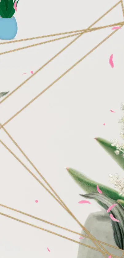 Minimalist wallpaper with floral elements and geometric lines.