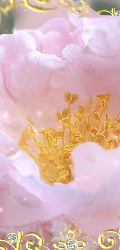 Mobile wallpaper with pink rose and gold pattern.