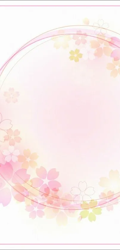 Floral wallpaper with pink cherry blossoms encircling a soft gradient background.