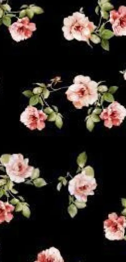 Elegant floral wallpaper with pink roses on a black background.