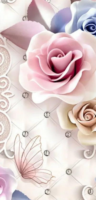 Elegant pastel floral wallpaper with pink roses and decorative design.