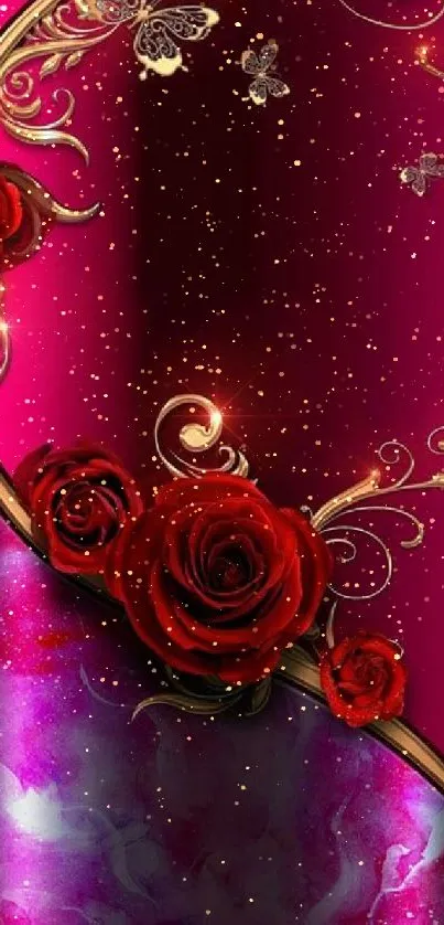 Elegant wallpaper with red roses and gold swirl on a purple background.